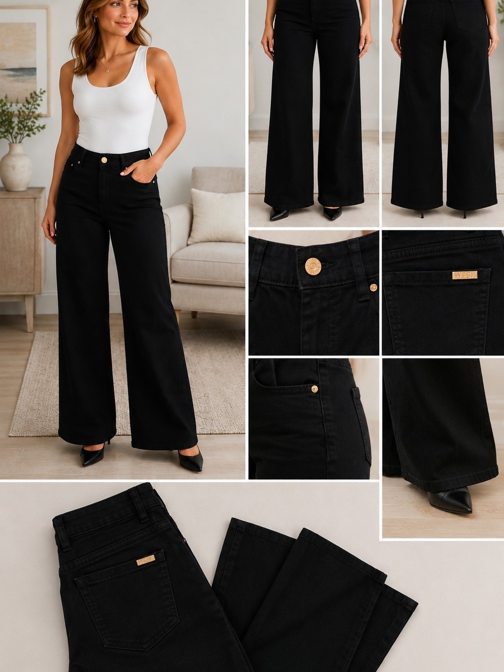 WHBM White House Black Market Wide Leg Jeans Black Size 10 NWOT